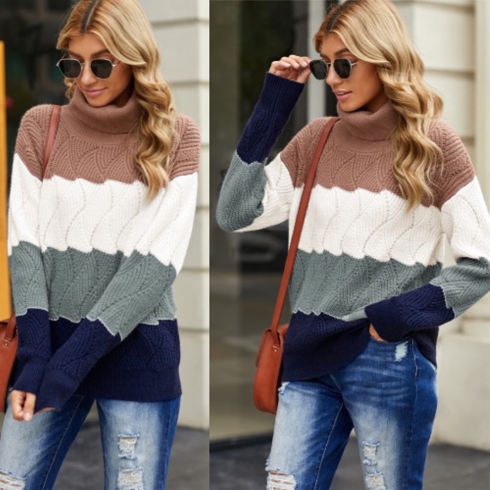 Turtle Neck Color Block Twist Sweater - Picture 3 of 4